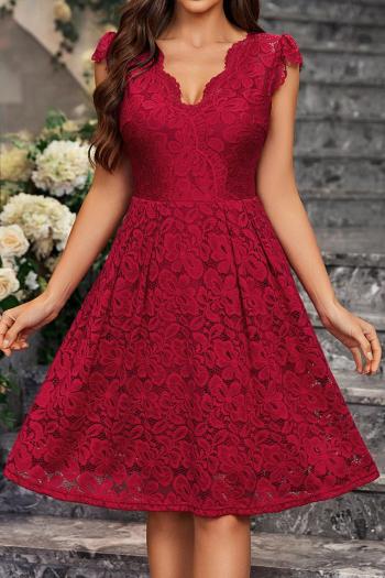 casual non-stretch solid color lace v-neck zip-up midi dress