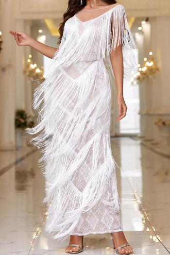 elegant plus size slight stretch tassel slit mesh see-through maxi dress