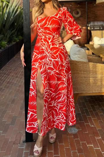 sexy non-stretch batch printing one shoulder high slit maxi dress