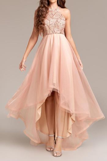 elegant non-stretch sequins mesh sleeveless irregular hem maxi dress