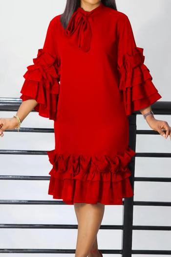 casual plus size slight stretch 5 colors solid color crew neck ruffle midi dress