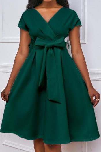 casual plus size slight stretch 5 colors solid color v-neck lace-up midi dress