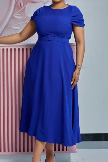 casual plus size slight stretch with belt solid color crew neck midi dress