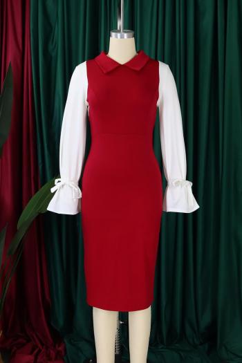 Casual plus size slight stretch 3 colors contrast color lapel midi dress