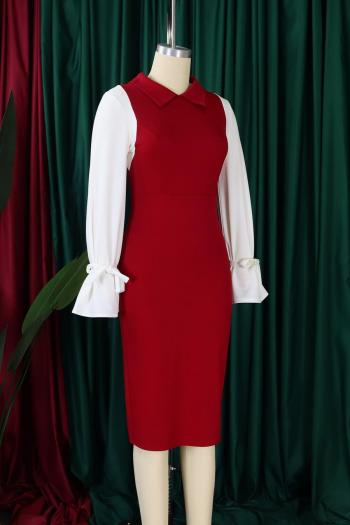 Casual plus size slight stretch 3 colors contrast color lapel midi dress