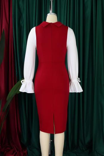 Casual plus size slight stretch 3 colors contrast color lapel midi dress
