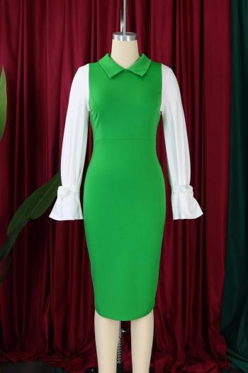 Casual plus size slight stretch 3 colors contrast color lapel midi dress