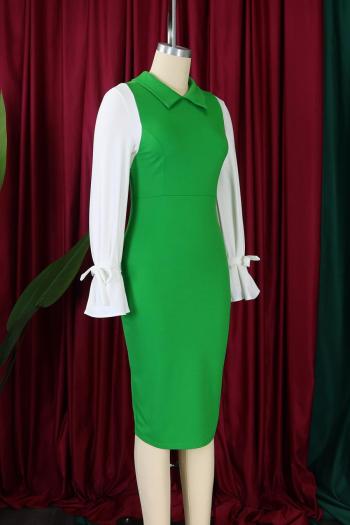 Casual plus size slight stretch 3 colors contrast color lapel midi dress