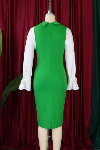 Casual plus size slight stretch 3 colors contrast color lapel midi dress
