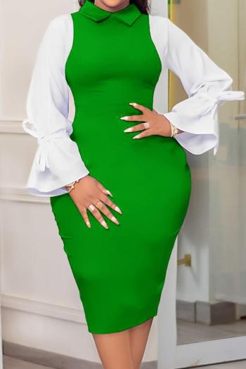 Casual plus size slight stretch 3 colors contrast color lapel midi dress