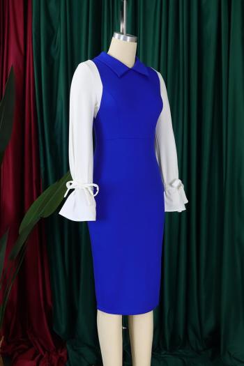 Casual plus size slight stretch 3 colors contrast color lapel midi dress