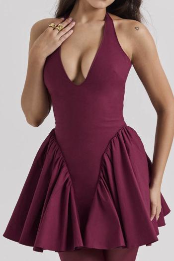 sexy non-stretch solid halter neck zip-up pleated mini dress size run small