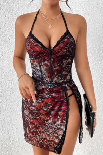 sexy slight stretch batch printing lace halter-neck high slit mini dress