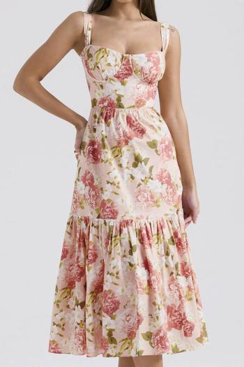 Stylish non-stretch flower batch printed underwire sling midi dress