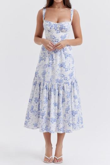Stylish non-stretch flower batch printed underwire sling midi dress#1