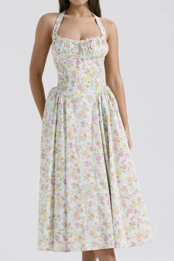 casual non-stretch floral print halter neck pleated midi dress