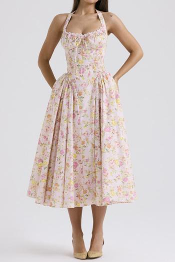 casual non-stretch floral print halter neck pleated midi dress size run small#1