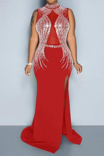 sexy plus size slight stretch rhinestone see-through slit maxi dress