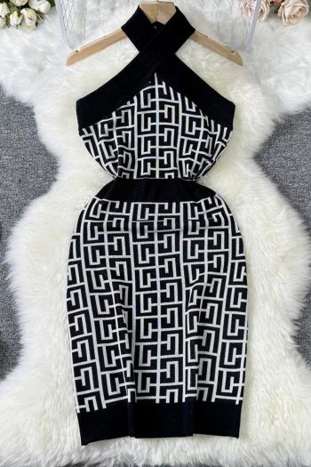 new sexy slight stretch geometric patterns knitted halterneck slim mini dress