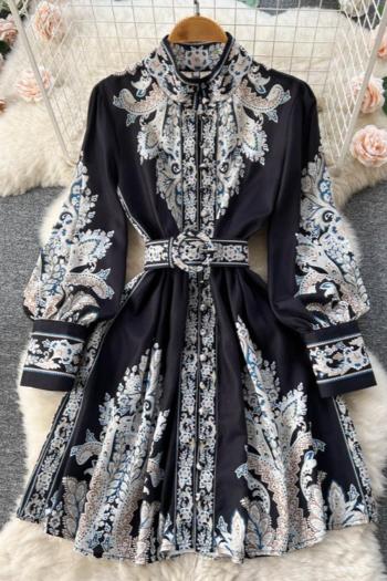 casual plus-size slight stretch batch printing lantern sleeve midi dress(with belt)