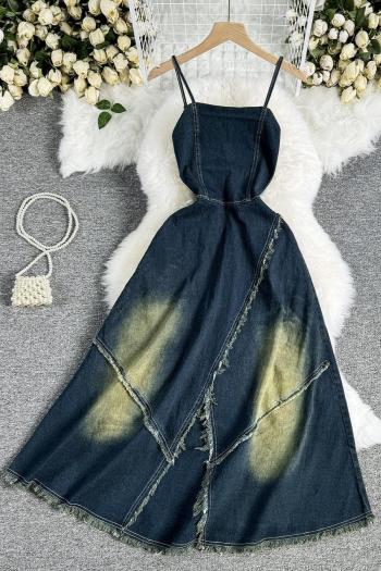 new casual slight stretch denim raw edges suspender midi dresses