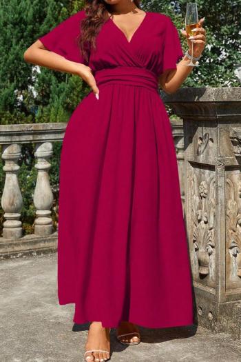 Casual plus size slight stretch solid color v-neck short sleeve maxi dress