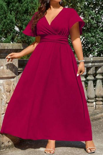 Casual plus size slight stretch solid color v-neck short sleeve maxi dress