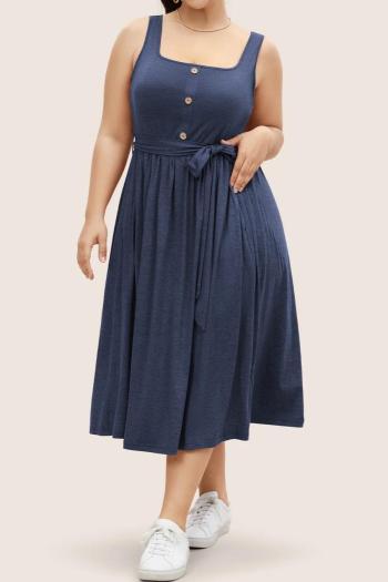 Casual plus size slight stretch solid color square neck lace-up midi dress