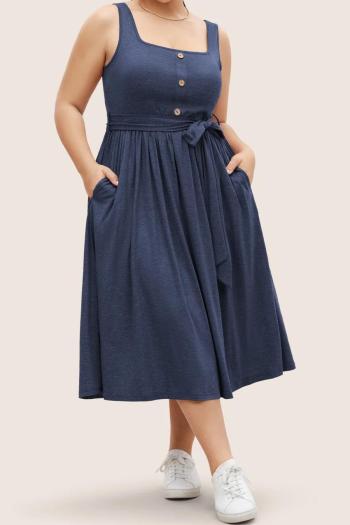 Casual plus size slight stretch solid color square neck lace-up midi dress