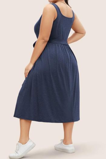 Casual plus size slight stretch solid color square neck lace-up midi dress