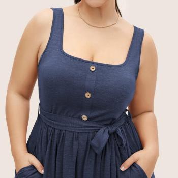 Casual plus size slight stretch solid color square neck lace-up midi dress