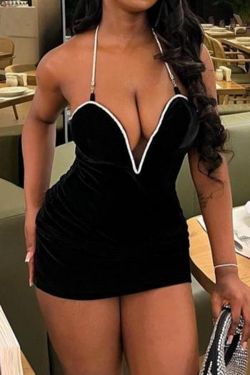 sexy slight stretch velvet 3 colors halter-neck rhinestone bodycon mini dress