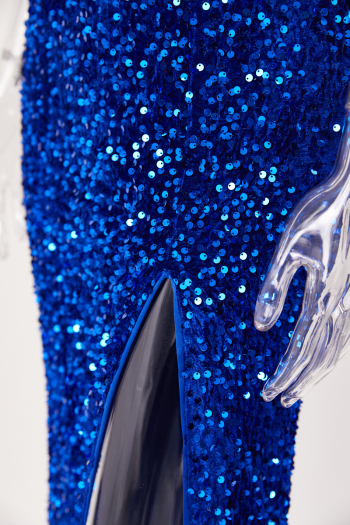 Elegant non-stretch solid color sling hollow sequins high slit maxi dress