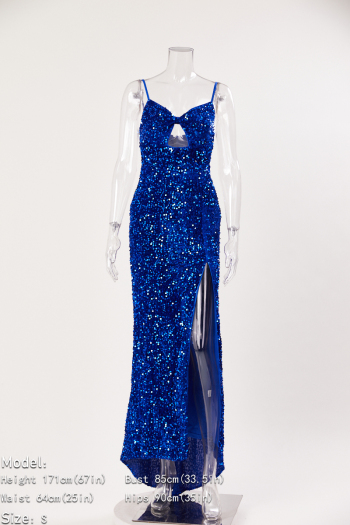 Elegant non-stretch solid color sling hollow sequins high slit maxi dress