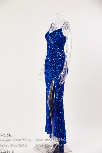 Elegant non-stretch solid color sling hollow sequins high slit maxi dress