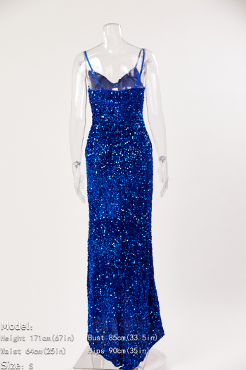 Elegant non-stretch solid color sling hollow sequins high slit maxi dress