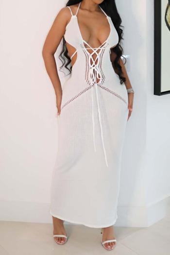 sexy plus size slight stretch solid sling backless hollow knitted maxi dress