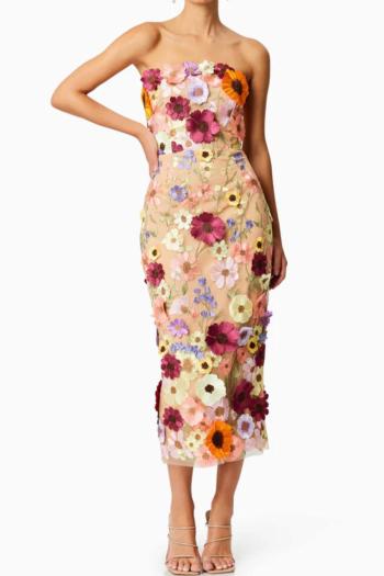sexy slight stretch tube design stereoscopic flower embroidery midi dress