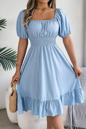 sexy slight stretch square neck shirring pure color midi dress