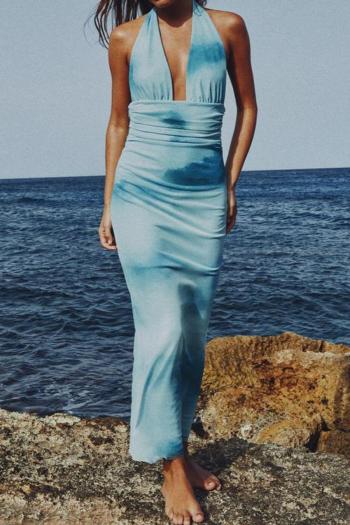 sexy slight stretch tie-dye printing halter-neck shirring midi dress