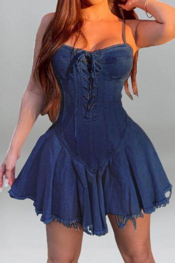 sexy plus size non-stretch denim lace-up sling mini dress