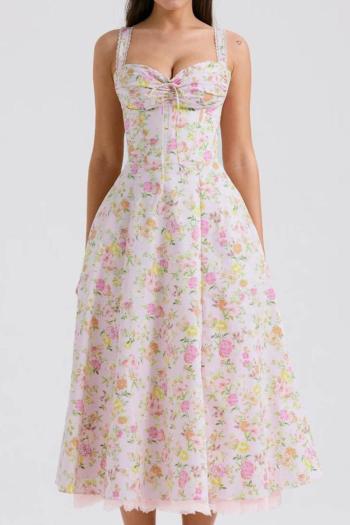 elegant non-stretch floral batch printing sling lace edge drawstring midi dress