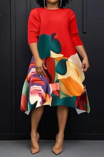 casual plus size slight stretch printed irregular midi dress