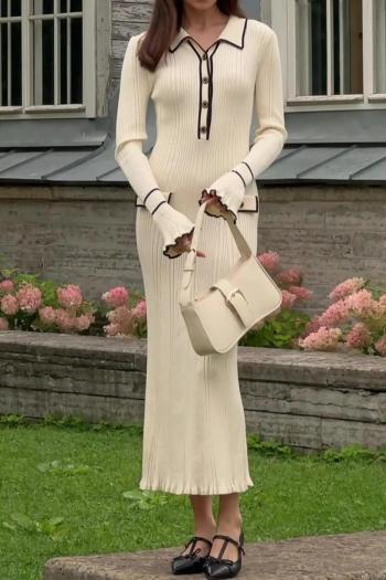 casual slight stretch ribbed knit contrast color lapel ruffle decor midi dress