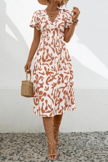 summer new stylish batch printing v-neck slight stretch casual midi dress