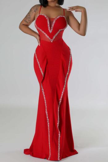 sexy plus size slight stretch stitching mesh rhinestone decor sling maxi dress