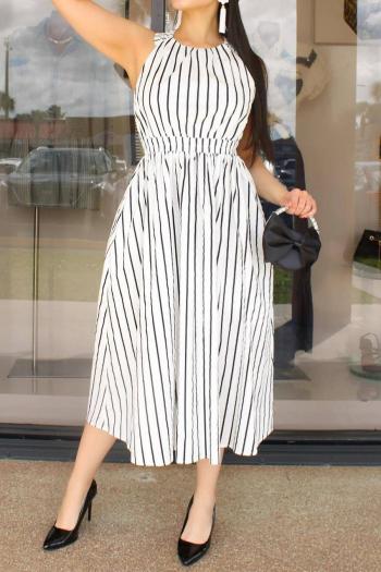 sexy plus size slight stretch stripe printing crew neck sleeveless midi dress