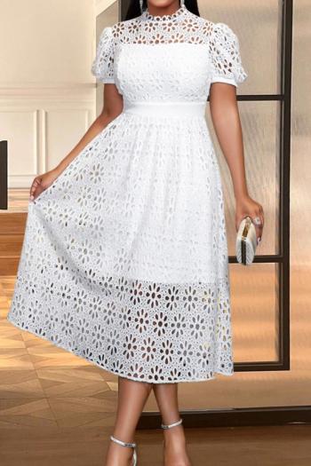 casual plus size slight stretch solid color cutout crew neck midi dress