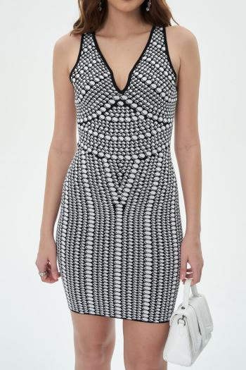 sexy high stretch tight v-neck zip-up polka dot jacquard knit mini dress