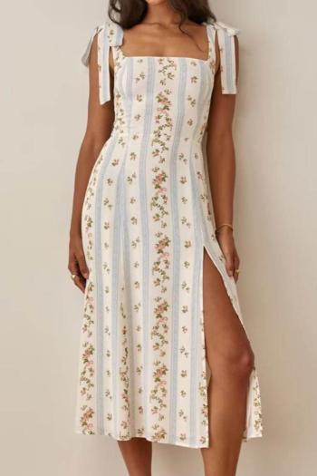 sexy non-stretch sling striped flower print high slit midi dress